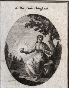 Allégorie de la sincérité tenant une colombe contre sa poitrine et présentant un cœur rayonnant. Gravure dans « Iconologie oder Ideen aus dem Gebiete der Leidenschaften und Allegorien bildich dargestellt fur Zeichner, Mahler, Dichter, Gelehrte, Erzieher un
