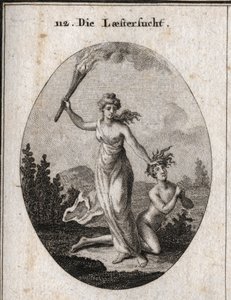 Allégorie de la calomnie tenant une torche allumée et traînant impitoyablement un adolescent nu qui joint les mains et regarde le ciel. Gravure dans « Iconologie oder Ideen aus dem Gebiete der Leidenschaften und Allegorien bildich dargestellt für Zeichner, - Austrian School