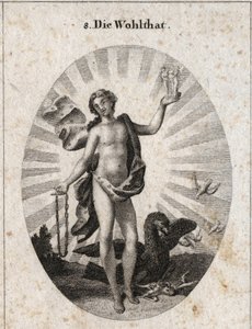 Allégorie de la bénédiction représentée par un beau jeune homme au visage rieur. Son drapé est parsemé d