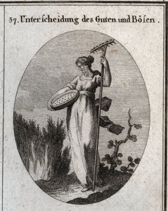 Allégorie de la distinction entre le bien et le mal. Le tamis sépare le bon grain de l