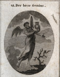 Allégorie du génie opposé représenté par un mauvais génie avec des ailes de chauve-souris et tenant une chouette, oiseau de mauvais augure. Gravure dans « Iconologie oder Ideen aus dem Gebiete der Leidenschaften und Allegorien bildich dargestellt für Zeich - Austrian School
