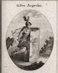 Allégorie de la suspicion avec un lion, symbole de la suspicion selon Aristote, et un coq sur le casque représentant la vigilance. Gravure dans « Iconologie oder Ideen aus dem Gebiete der Leidenschaften und Allegorien ». - Austrian School