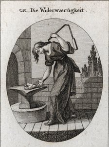 Allégorie de la tribulation. Elle tient un cœur sur une enclume et le frappe avec une petite fleur pour marquer que la tribulation enlève tout ce qui est rude et impur. Gravure dans « Iconologie oder Ideen aus dem Gebiete der Leidenschaften und Allegorien  - Austrian School