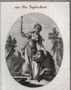 Allégorie de la valeur, couronnée de laurier, elle caresse un lion apprivoisé par elle. Le sceptre élevé signifie que son courage la rend digne de commander. Gravure dans « Iconologie oder Ideen aus dem Gebiete der Leidenschaften und Allegorien bildich da