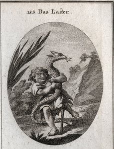 Allégorie du vice représentée par un nain serrant une hydre. Gravure dans « Iconologie oder Ideen aus dem Gebiete der Leidenschaften und Allegorien bildich dargestellt fur Zeichner, Mahler, Dichter, Gelehrte, Erzieher und freunde Hoherer Geschmacksbildung  - Austrian School