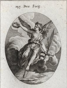 Allégorie de la victoire. Elle a des ailes et tient une palme et une couronne de laurier. Gravure dans « Iconologie oder Ideen aus dem Gebiete der Leidenschaften und Allegorien bildich dargestellt für Zeichner, Mahler, Dichter, Gelehrte, Erzieher und Freun