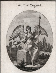 Allégorie de la vertu. Le cube de marbre sur lequel elle est assise désire la solidité, et ses ailes déployées signifient qu