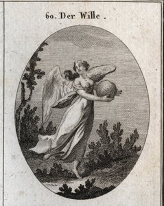 Allégorie de la volonté. Elle est représentée ailée et tenant une boule de différentes couleurs. Gravure dans « Iconologie oder Ideen aus dem Gebiete der Leidenschaften und Allegorien bildich dargestellt fur Zeichner, Mahler, Dichter, Gelehrte, Erzieher un