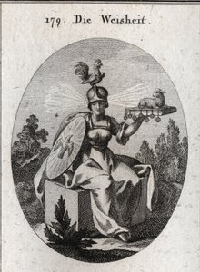 Allégorie de la sagesse. Ses vêtements et ses armes blanches définissent sa force et sa pureté. Le coq sur son casque est le symbole de son intelligence et de sa vigilance. Les rayons de lumière sortant de ses tempes signifient dignité et sainteté. Le livr