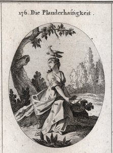 Allégorie de Babel. Son drapé est rempli de cigales et de langues. Son attribut est le corbeau. Gravure dans « Iconologie oder Ideen aus dem Gebiete der Leidenschaften und Allegorien bildich dargestellt fur Zeichner, Mahler, Dichter, Gelehrte, Erzieher und
