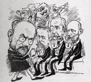 Émile Zola tente de déverrouiller les serrures qui ferment les bouches des présidents Jean Casimir-Perier (1847-1907) et Félix Faure (1841-1899) ainsi que du président du Conseil Jules Méline (1838-1925), tandis qu
