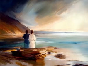 Un couple au coucher de soleil sur la côte