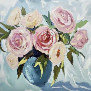Des roses roses dans un vase bleu - Avanesova Elena