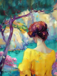 Une femme dans un jardin coloré