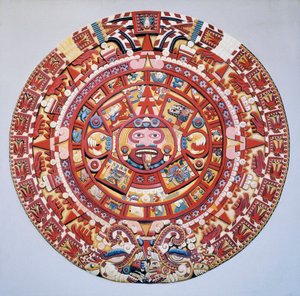 Civilisation précolombienne : le calendrier aztèque (Pierre du Soleil) : disque représentant le calendrier aztèque et la cosmogonie (Tonalpohualli) - Aztec Aztec