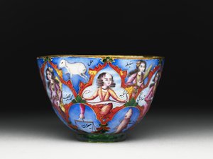 Bol avec couvercle, soucoupe et cuillère avec décoration astrologique, début du 19e siècle