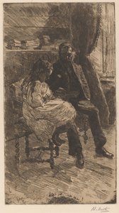 Intérieur avec un homme et une fille lisant un livre ensemble
