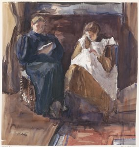 Dame lisant et fille brodant, vues de face, dans la maison de la rue Riouw 6, à La Haye - Barbara Elisabeth van Houten