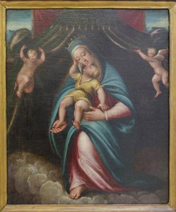 Madone et Enfant sous un dais tenu par deux anges