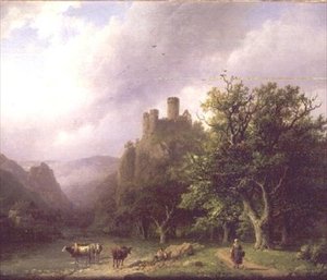 Paysage fluvial avec un château en ruine