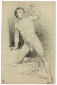 Nu académique masculin appuyé sur une plate-forme