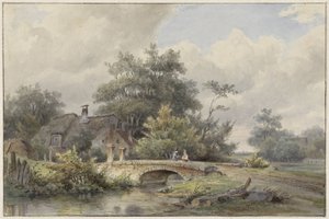 Paysage avec un pont de pierre près d