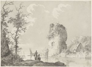 Paysage fluvial avec tour et pêcheur - Barend Cornelis Koekkoek
