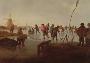 Personnages patinant sur une voie navigable gelée