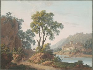 Paysage fluvial avec châteaux et voyageurs - Baron Louis Albert Guillain Bacler d