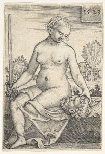 Judith, nue assise avec une épée dans la main droite, regardant la tête d