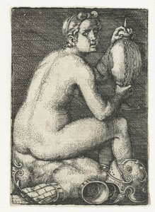 Femme nue assise sur une armure