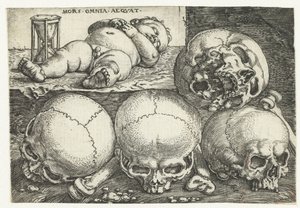 Enfant endormi avec un sablier et quatre crânes