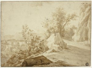 Rochers et chemin de montagne, figures et ville en bas