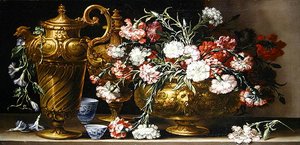 Nature morte avec des œillets dans un vase et une aiguière florentine sur un rebord - Bartolomeo Bimbi