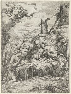 Adoration par Marie, Joseph et les anges - Bartolomeo Biscaino