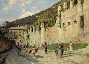 Chemin de campagne avec des gens et des ânes