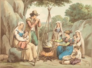 Une famille de paysans cuisinant sur un feu de camp