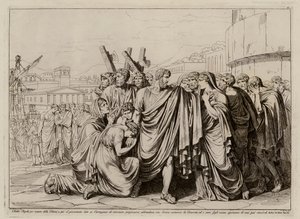 Atilius Regulus se préparant à quitter Rome pour retourner en captivité à Carthage (gravure) - Bartolomeo Pinelli