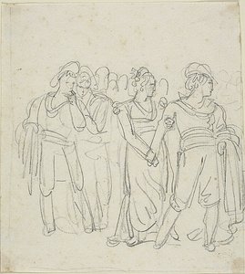 Chef de brigade retenu par une femme (recto) ; Esquisse de deux personnages dans un paysage (verso)
