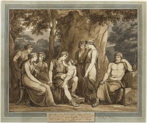 Calypso regarde Télémaque avec Cupidon sur ses genoux, tandis que Mentor regarde avec colère, du Livre 7 des Aventures de Télémaque - Bartolomeo Pinelli