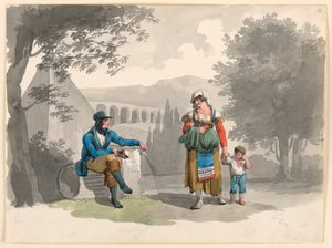Dessin, une femme tenant un garçon par la main passe devant un homme assis au milieu de ruines dans la Campagne, 1807 - Bartolomeo Pinelli