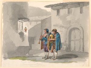 Dessin, "Pifferari", deux joueurs de cornemuse des Abruzzes à Rome, 1807-08 - Bartolomeo Pinelli