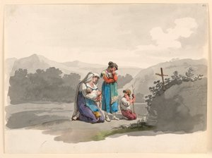 Dessin, Femme avec un bébé priant devant la croix marquant l
