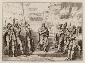 Gaius Fabius Dorsuo passe les Gaulois sans être inquiété en allant faire un sacrifice, 390 avant J.-C. (gravure) - Bartolomeo Pinelli