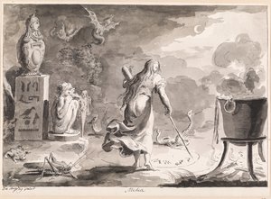 Médée. Une femme de dos, parmi des reptiles, des demi-créatures, un chaudron de sorcière et des statues de dieux égyptiens, écrit des runes de sorcellerie dans un cercle sur le sol la nuit. - Bartolomeo d