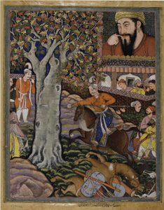 Mahlaj montre son habileté à Zumurrud Shah et fait passer une lance à travers un arbre (extrait du Hamzanama, volume 11).