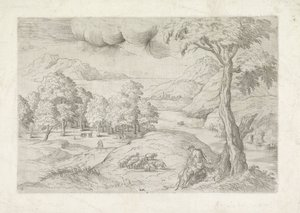 Paysage panoramique avec ruines, une ville et des voyageurs - Battista Angolo del Moro