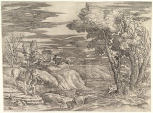 Paysage avec un cavalier et son palefrenier