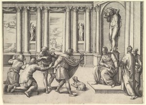 Homme assis sous une statue de Bacchus, recevant une audience, vers 1530-61