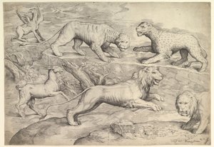 Six animaux, y compris des lions, un tigre, un léopard, un griffon et une chèvre